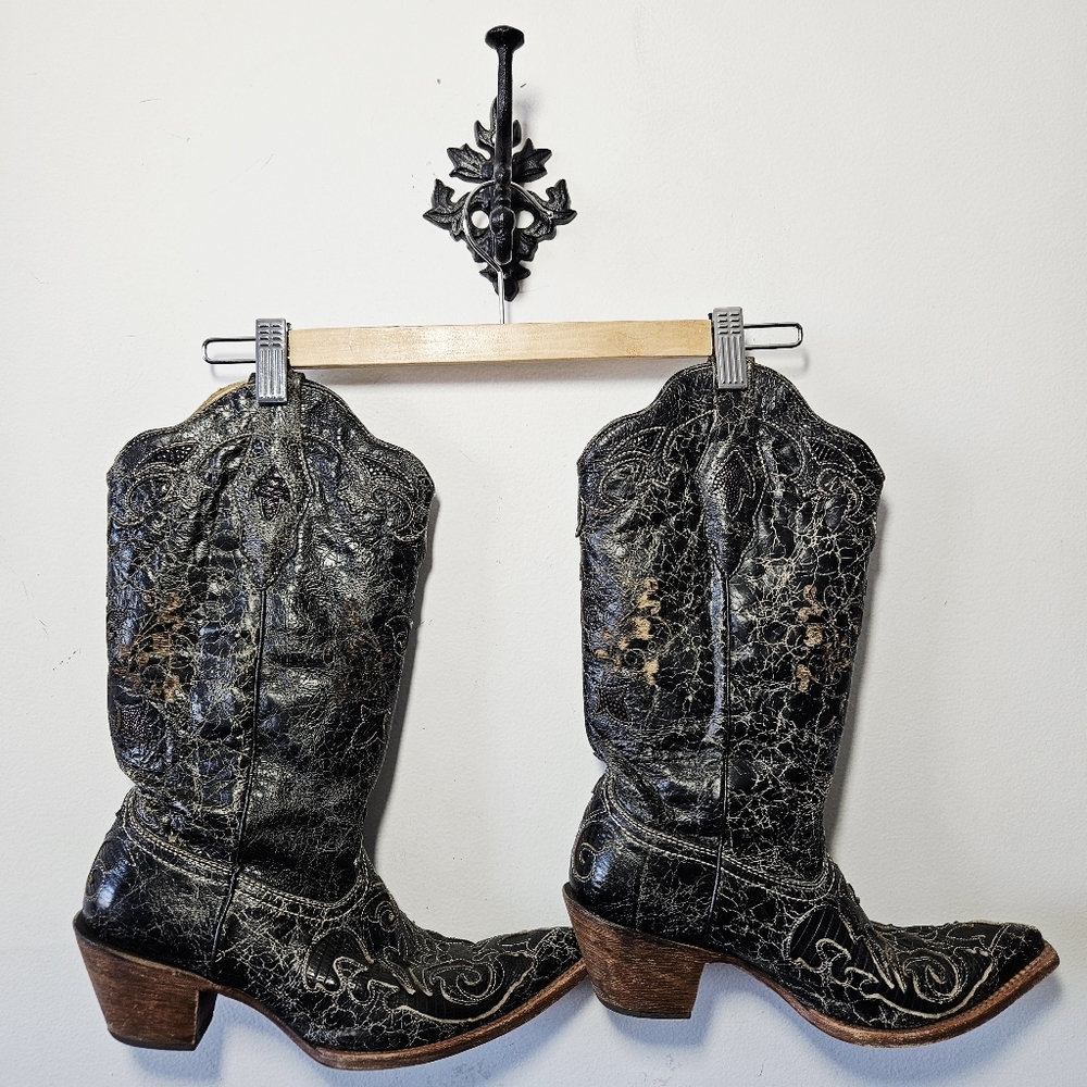 Corral Vintage Cowboy Boots Lizard Inlay Size 9.5 M Western Distressed EUC